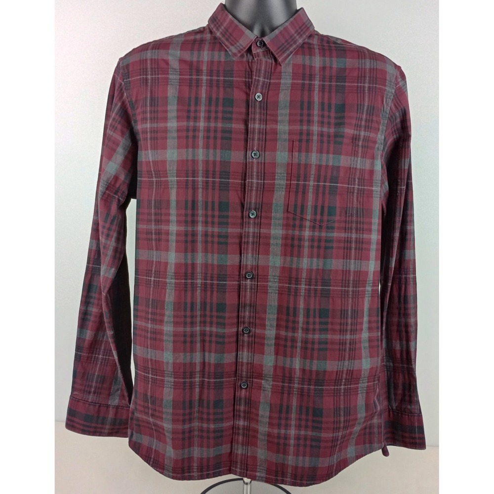 Marc Anthony Slime Fit Stretch Mens L Red Plaid Long Sleeve Collar Button Shirt